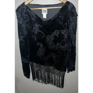 R&M Richards Women’s Black Velour Fringed Blouse Size 14